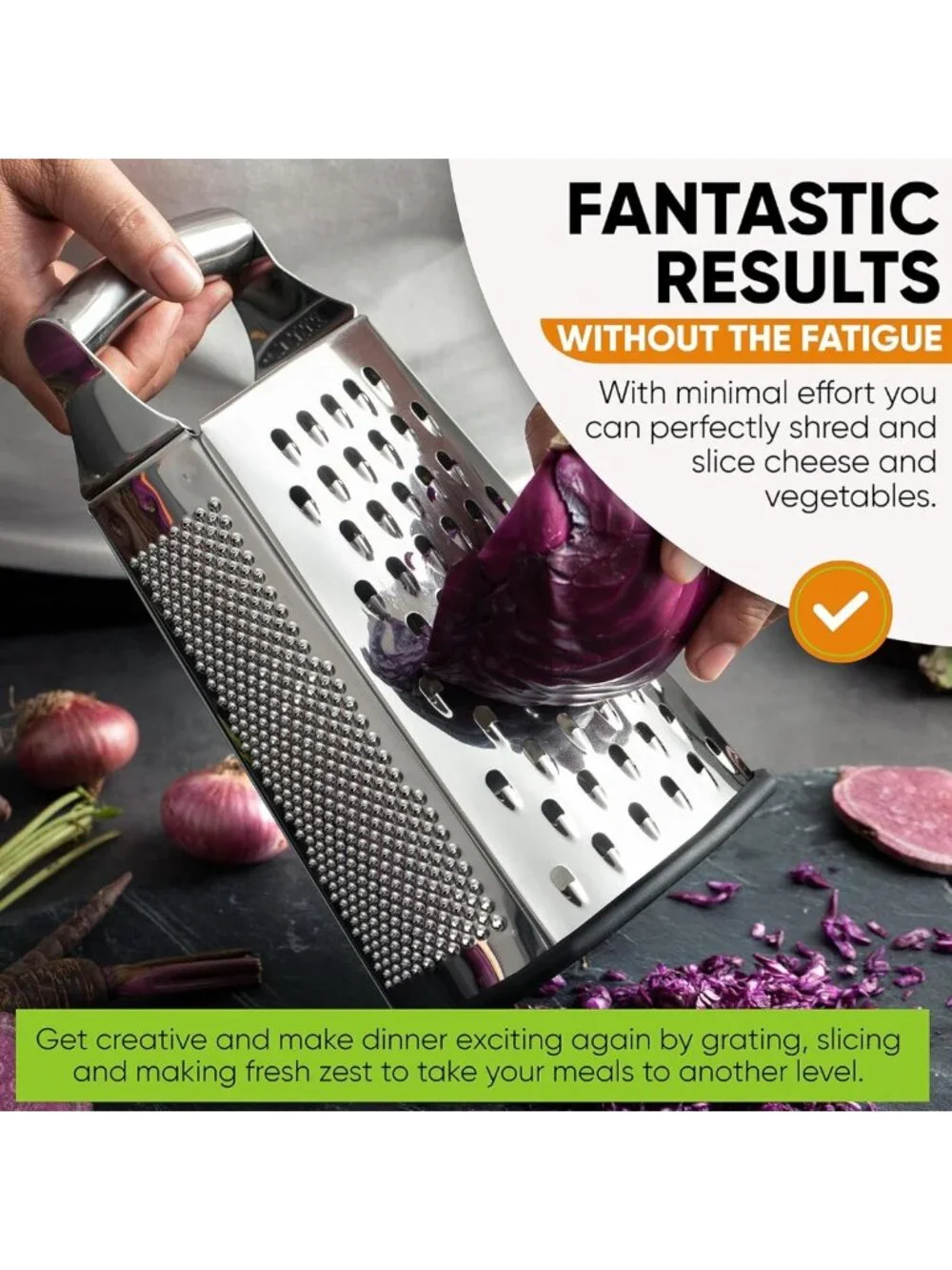 Professional Stainless Steel Box Grater - 4 Sided Handheld Kitchen Shredder for